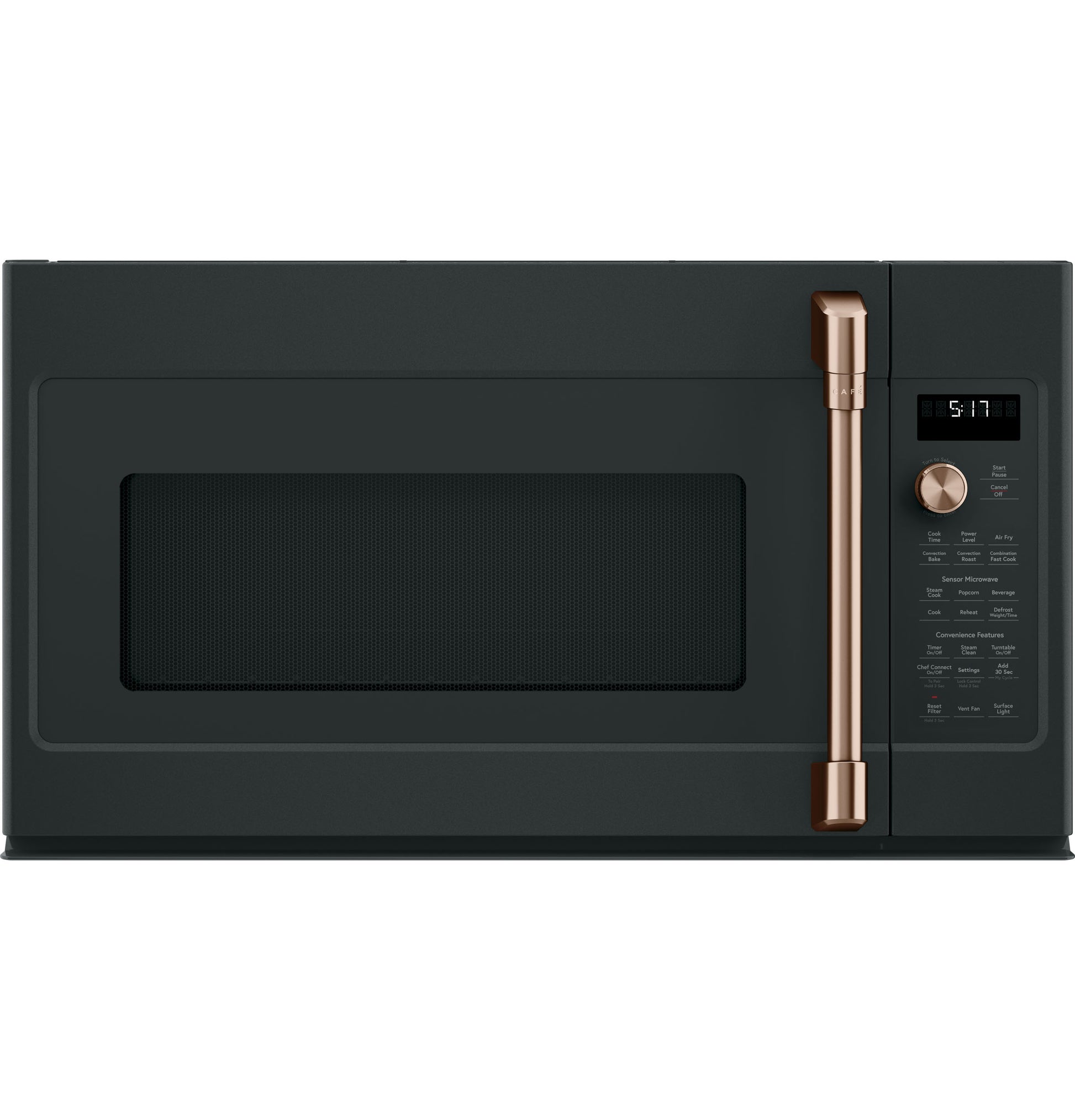 Over-the-range microwave oven in matte black with copper handle and digital control panel from kitchen appliances collection