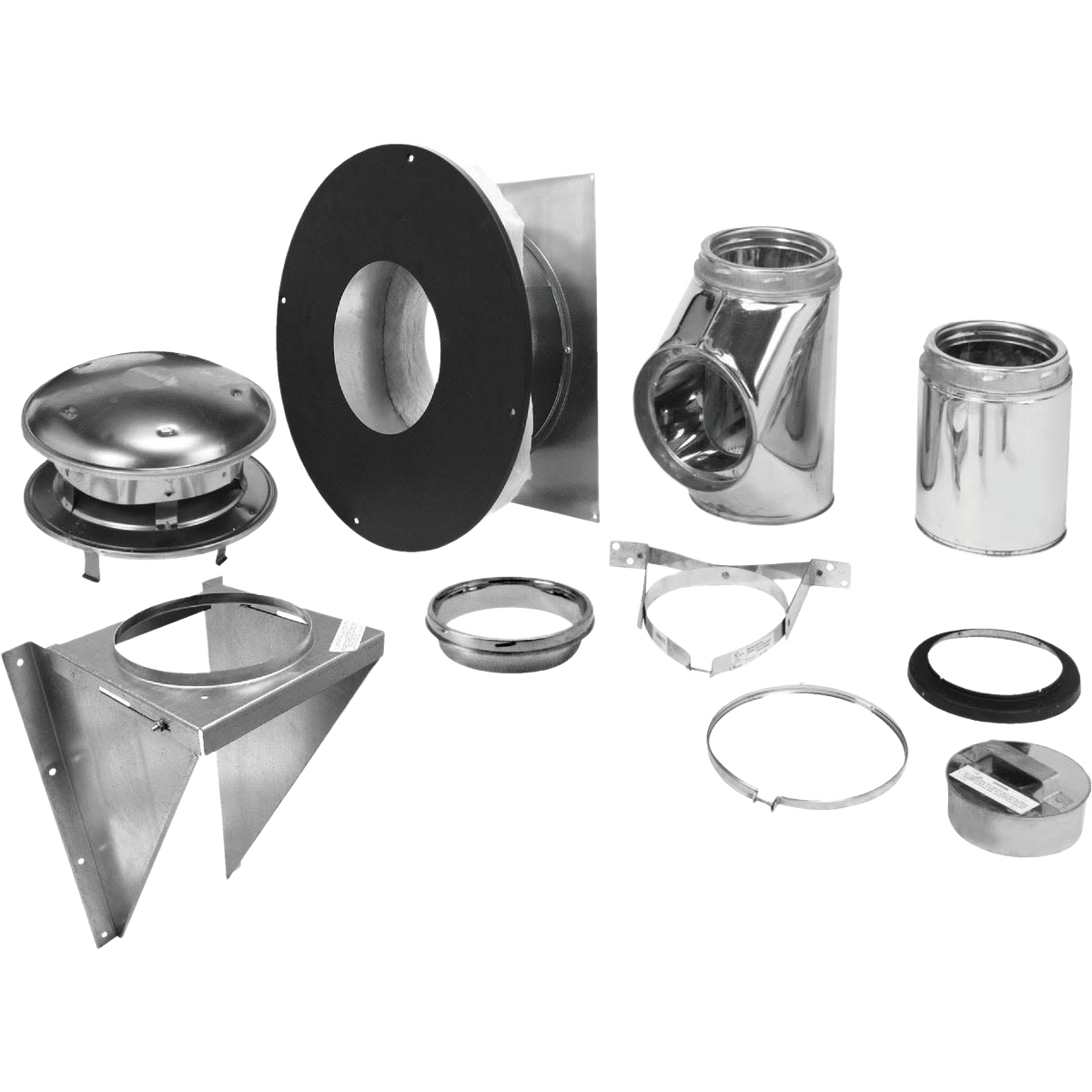 Set of stainless steel chimney components including wall support bracket and pipe fittings for plumbing and home improvement collections