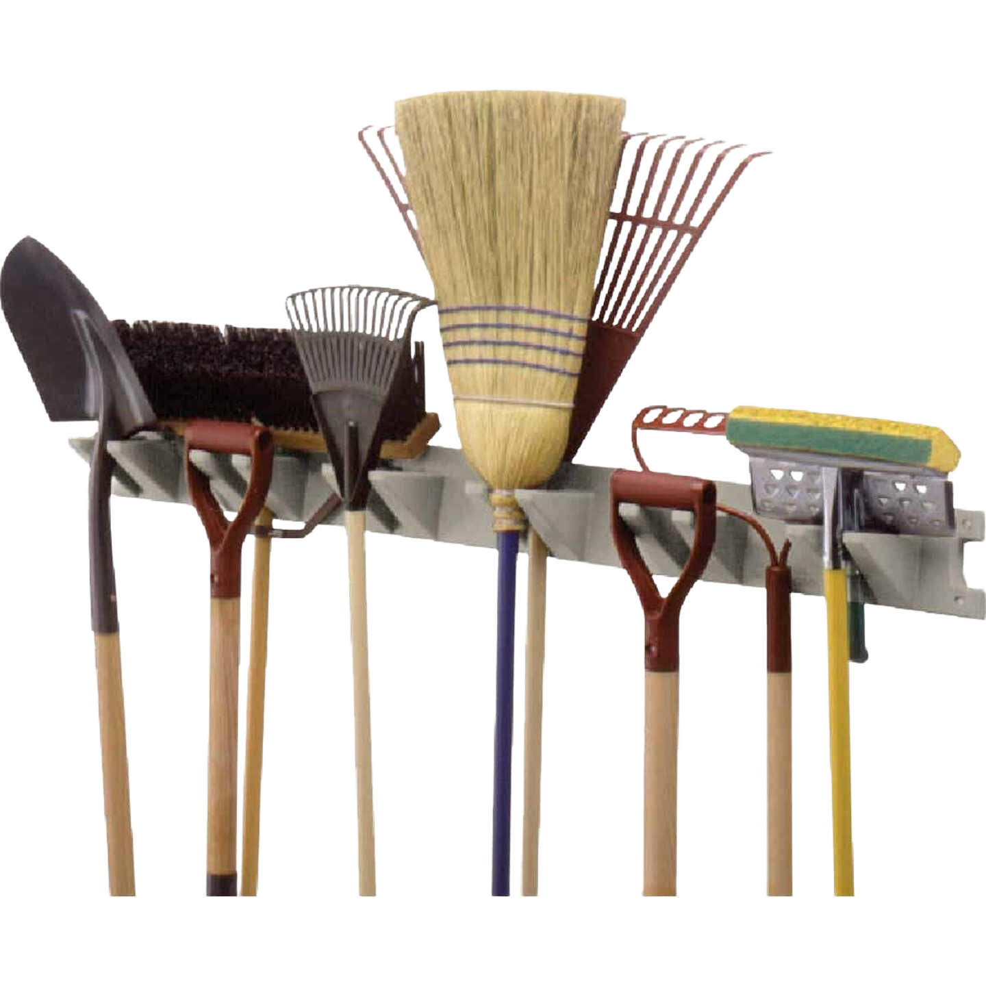 4 ft. tool hanger rack holding garden rakes, broom, shovel, squeegee for garage storage and organization collections
