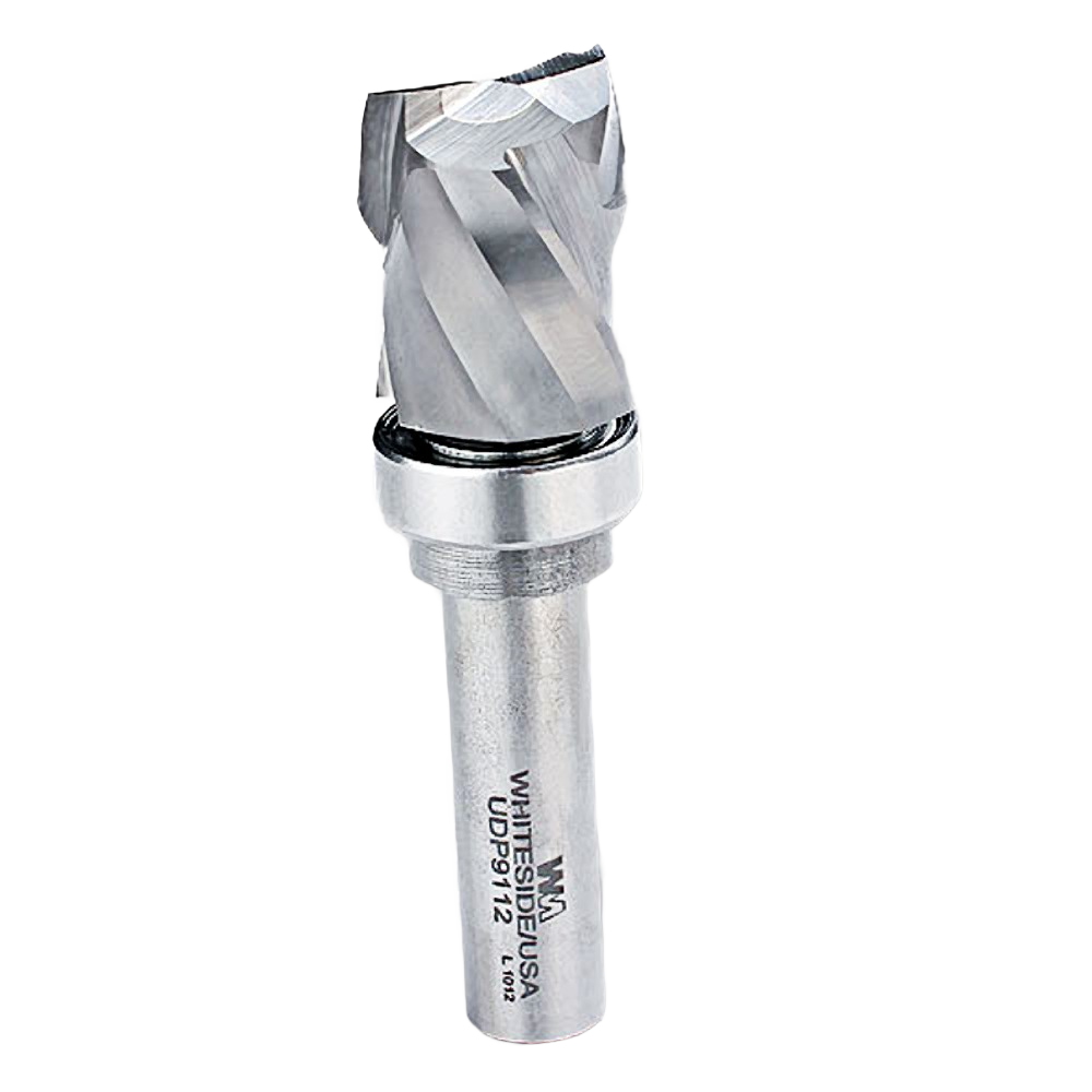 Spiral pattern router bit with high shear spiral compression, designed for precision woodworking and tool accessories.