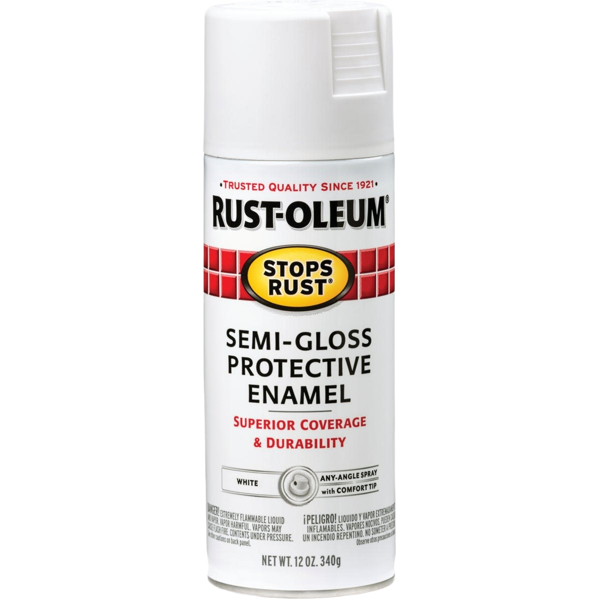 White semi-gloss protective enamel spray paint can with red and black Rust-Oleum branding for home improvement