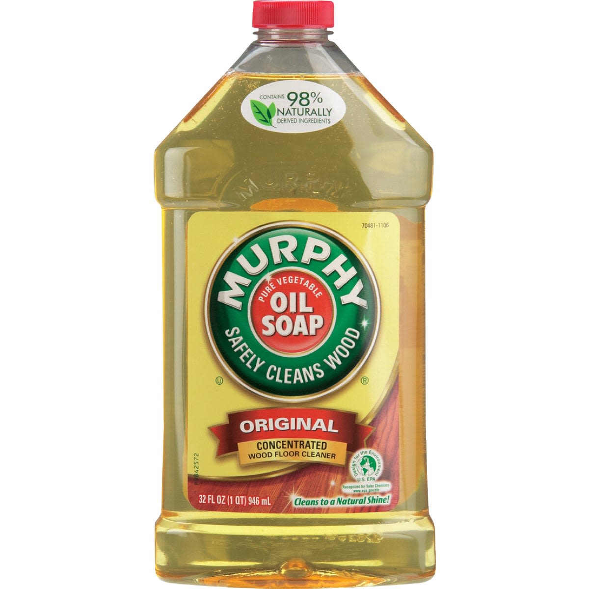 Clear yellow liquid wood cleaner bottle with red cap in cleaning supplies under $50 collection