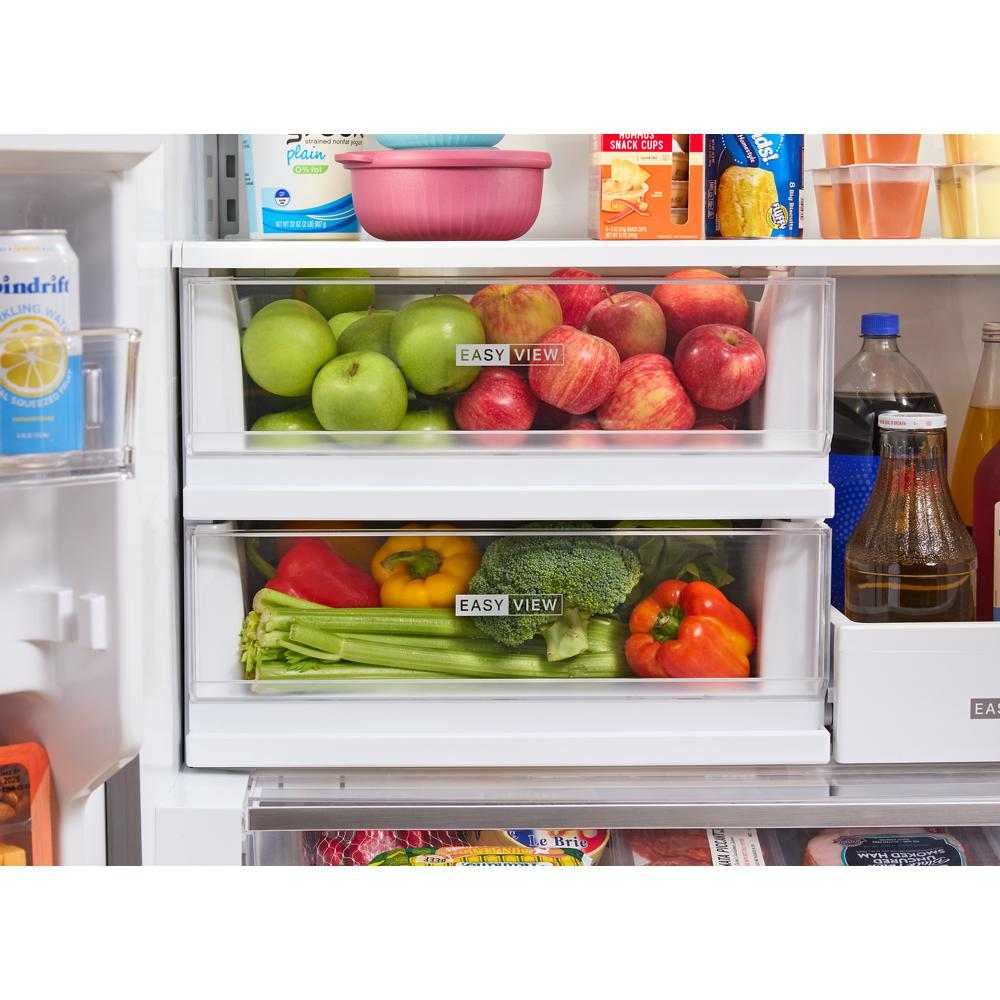 Open refrigerator drawers labeled Easy View filled with fresh apples, vegetables, and organized food storage in kitchen appliances collection
