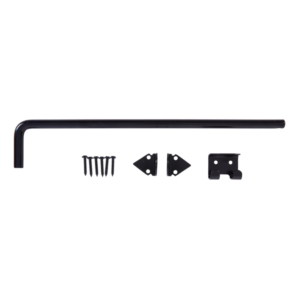 Black adjustable throw cane bolt with mounting brackets and screws for door and gate hardware in home improvement collections