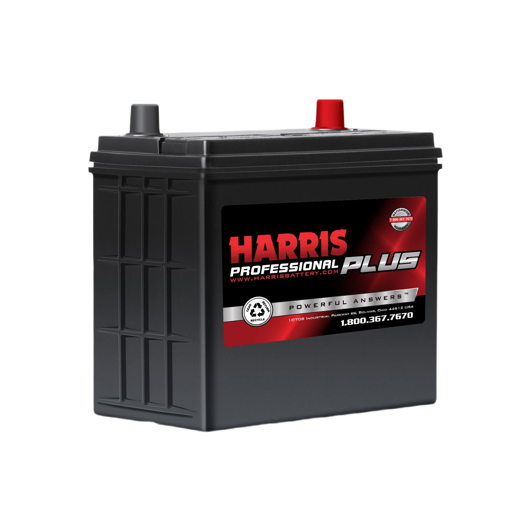 Black automotive flooded lead acid battery with red and black terminals in all products and automotive collection