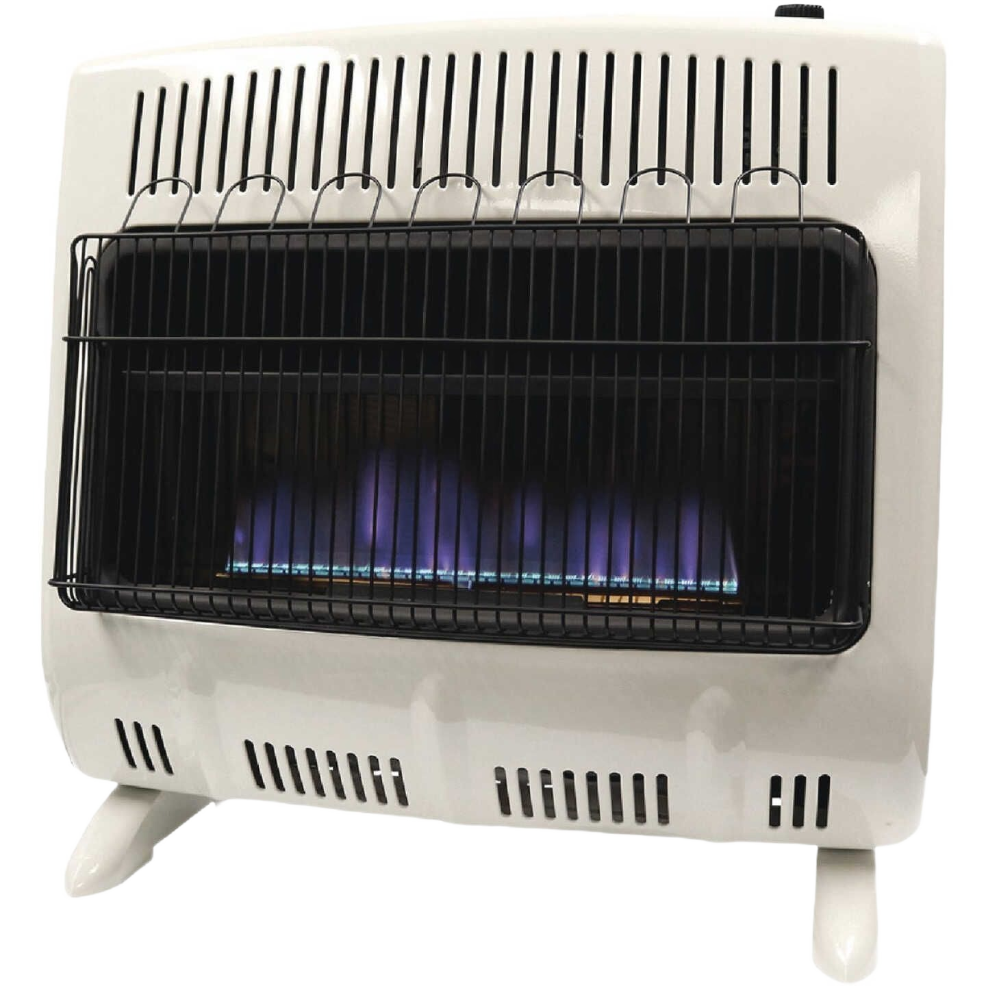 Compact white vent-free heater with visible blue flame behind metal safety grill for home improvement tools collection