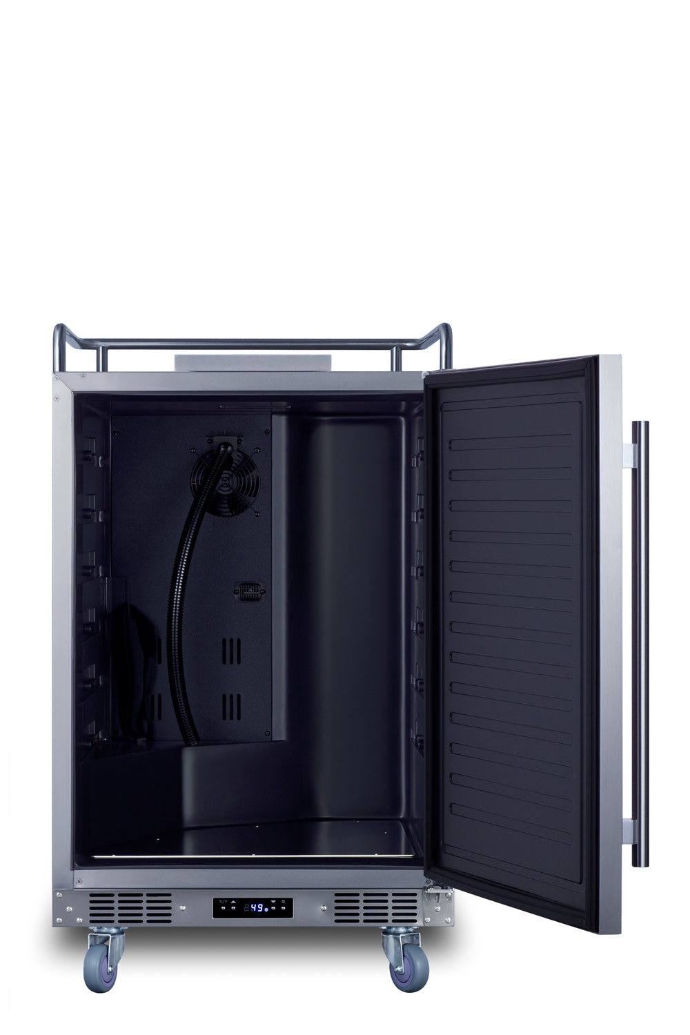 Built-in beverage cooler with open door, digital temperature controls, and stainless steel exterior in appliance collection