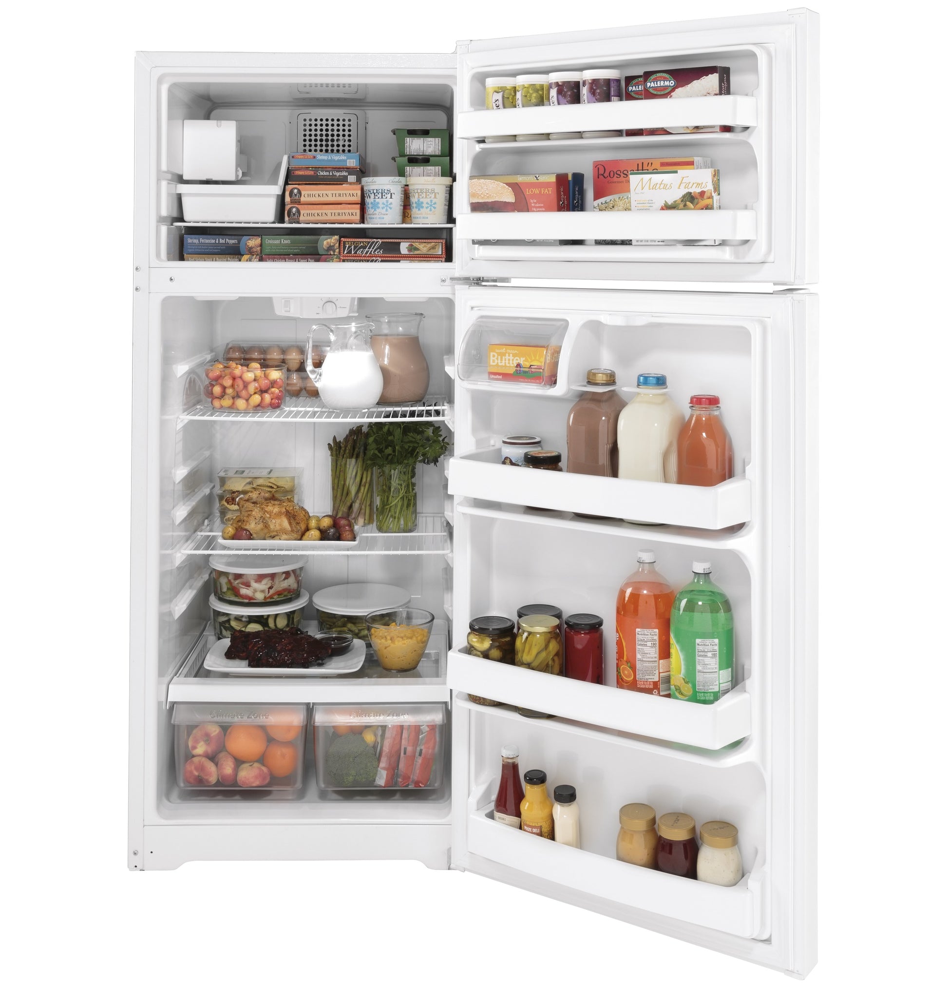 Open white top-freezer refrigerator with organized shelves and clear drawers in kitchen appliances collection.