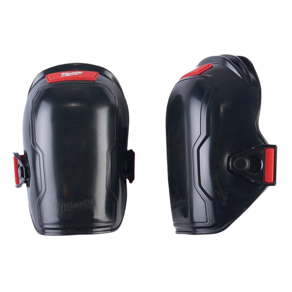 Pair of black hard-shell knee pads with red accents and adjustable side straps for protective workwear use