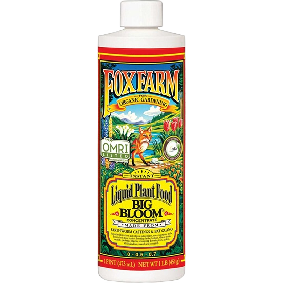 Bottle of FoxFarm Big Bloom liquid plant food concentrate for organic gardening and lawn care collections