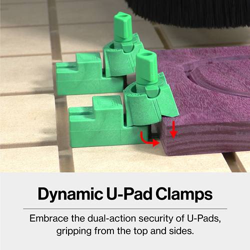 Green U-Pad clamps designed for secure dual-action gripping from top and sides in tools and home improvement tasks