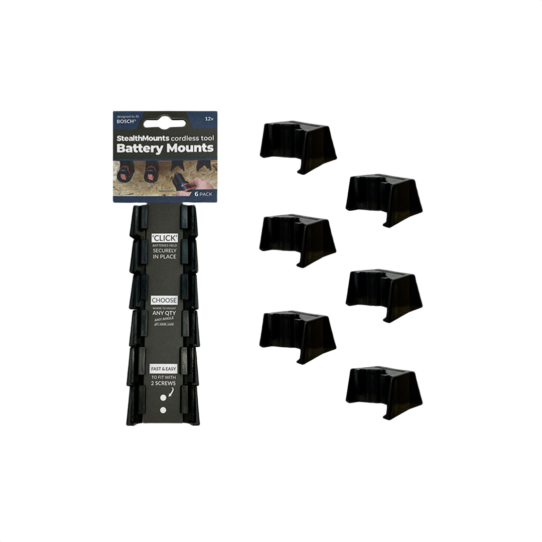 Black plastic battery mounts for Bosch 10.8/12V cordless tools in a 6-pack for workshop organization and tool storage