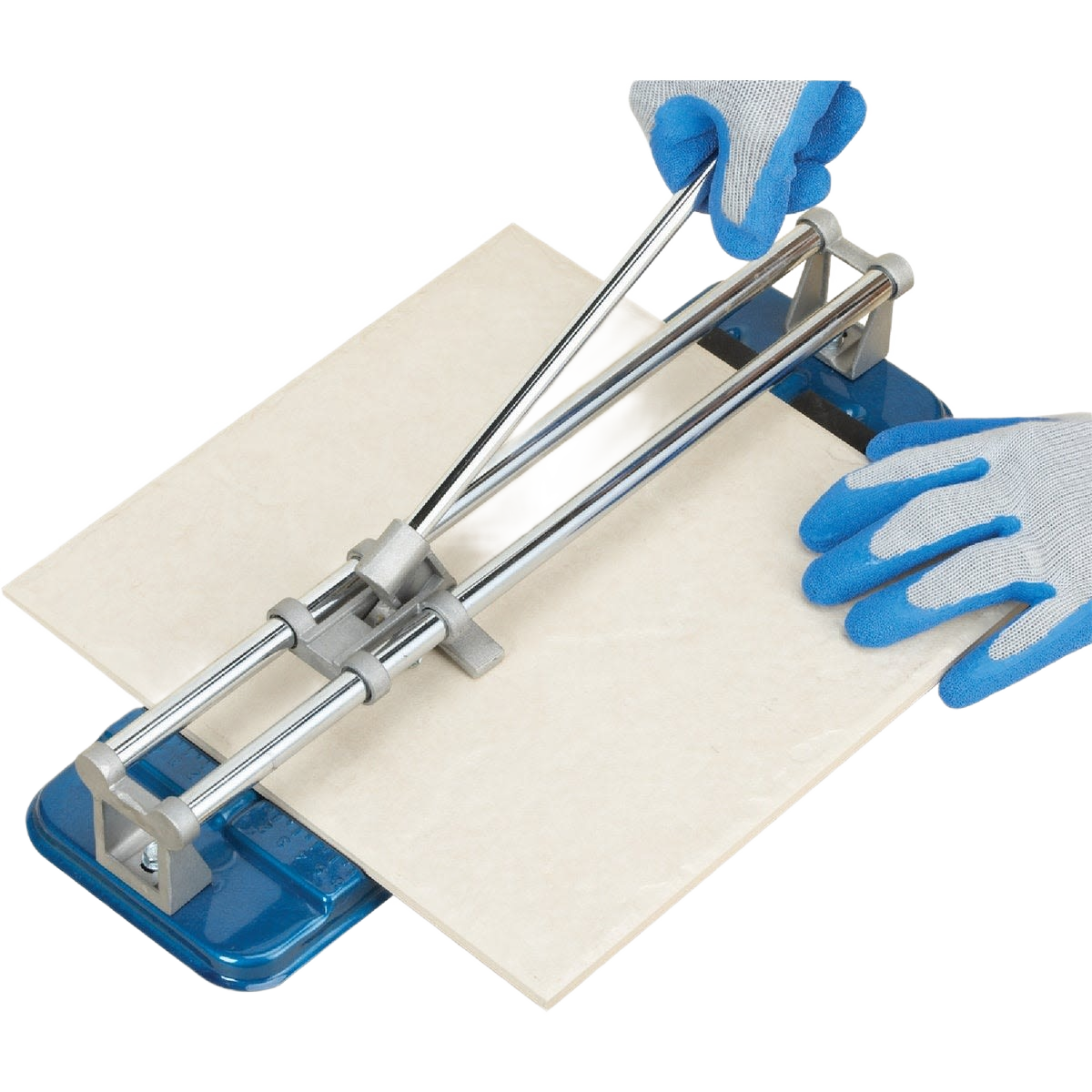 Hands wearing blue and gray gloves using a tile cutter with a ceramic tile for home improvement tasks