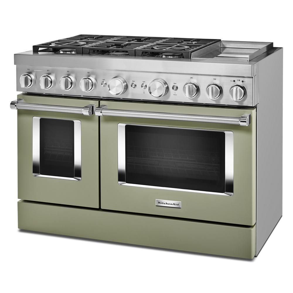 48-inch commercial-style dual fuel range with six burners and chrome electric griddle in sage green and stainless steel