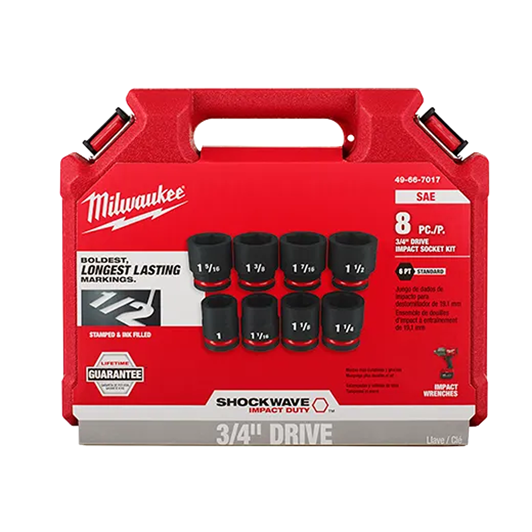 Red and black 3/4 inch drive impact sockets set with storage case for home improvement and tool use