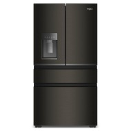 Sleek black 4-door French door refrigerator with in-door water dispenser and spacious lower drawers, part of kitchen appliances and refrigerators collections.