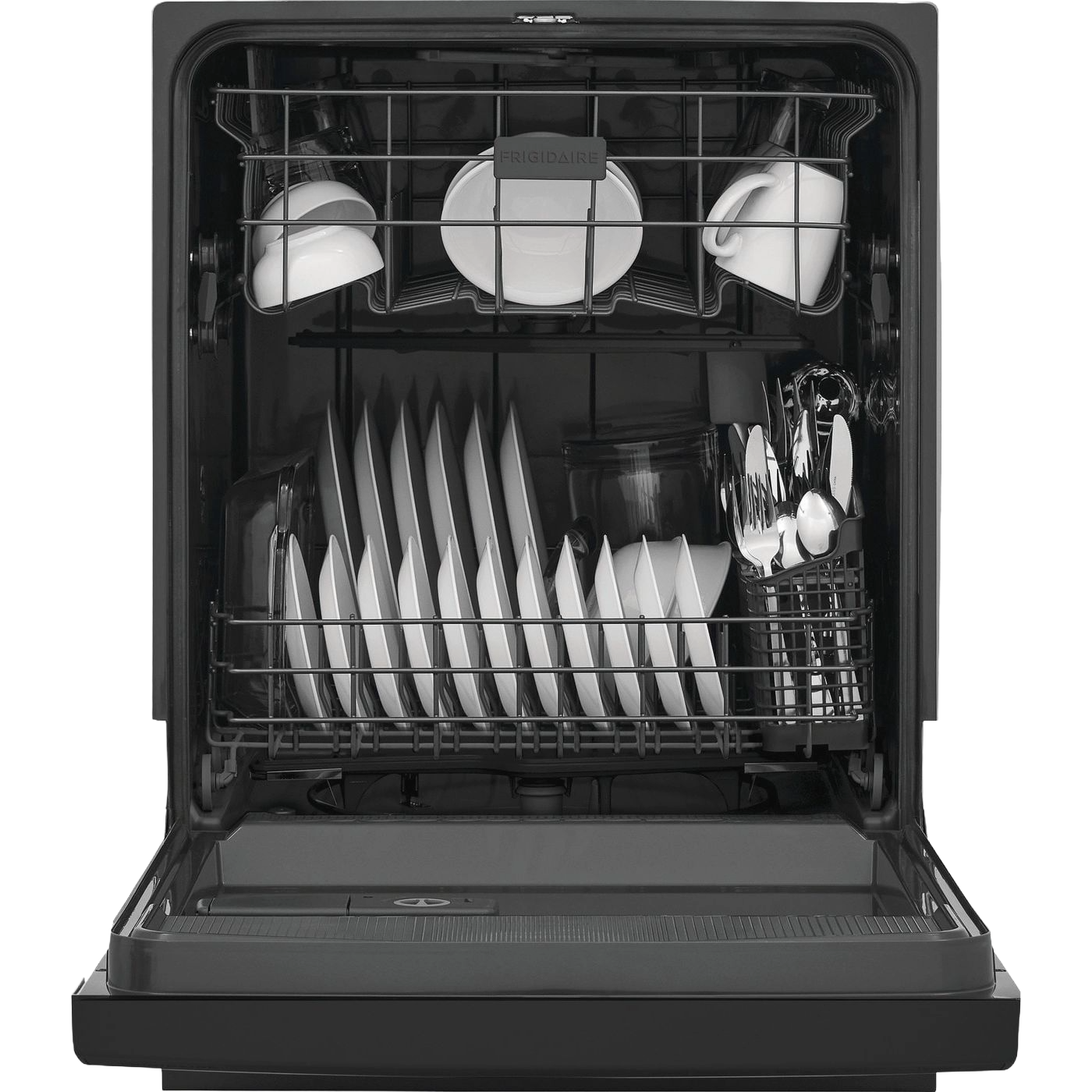 Open black built-in dishwasher loaded with white plates, cups, glass, and silver cutlery in kitchen appliances setting