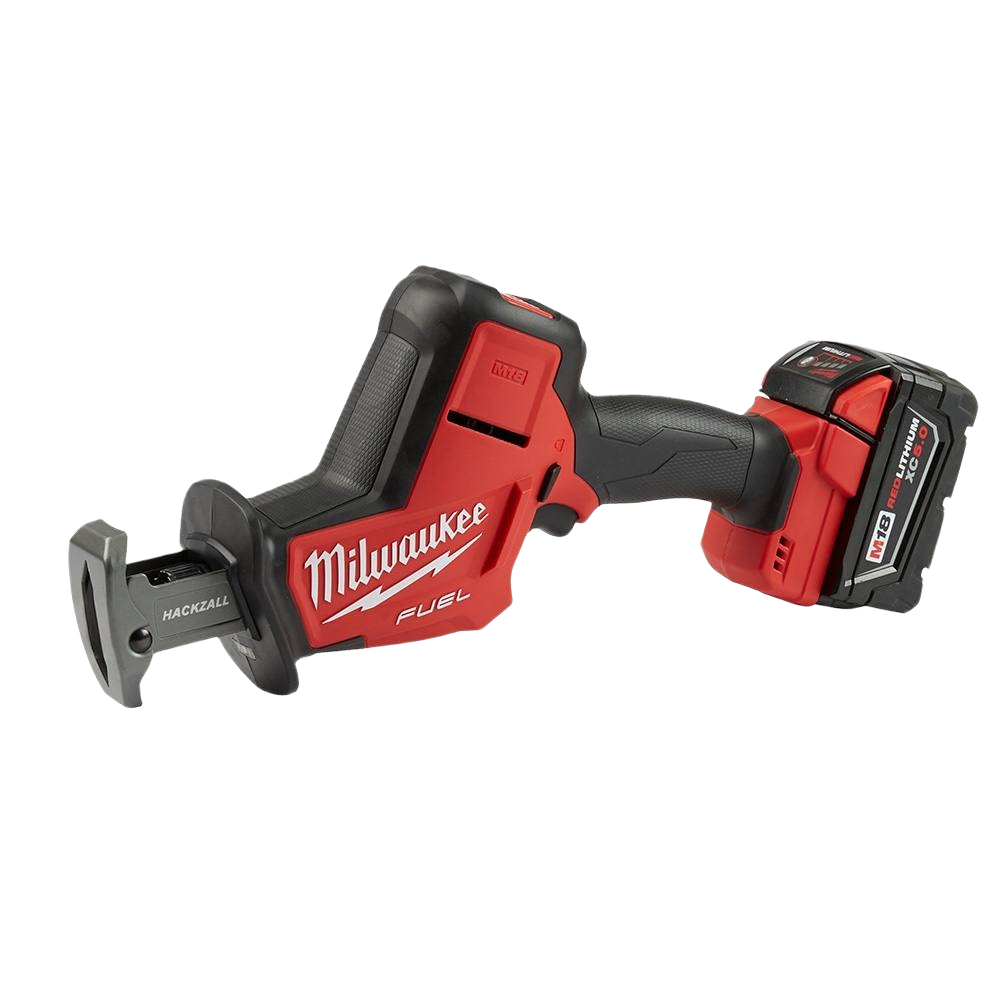 Cordless red and black Milwaukee M18 FUEL reciprocating saw with POWERSTATE brushless motor for woodworking power tools