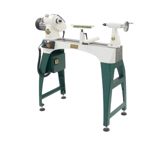 Heavy-duty cast iron woodworking lathe with electronic variable speed control, designed for woodturning and stationary tools in workshop setups.