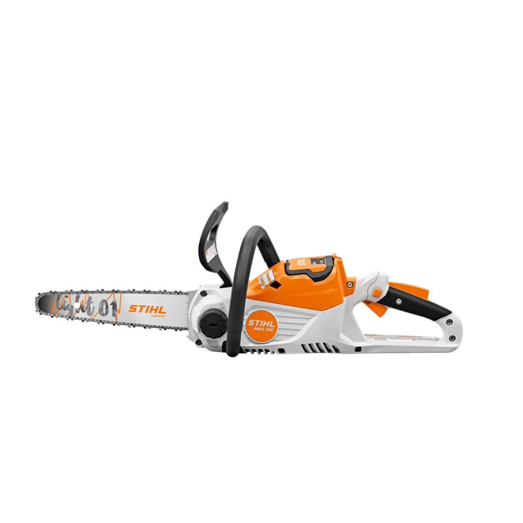 Orange and white battery-powered chainsaw with 12-inch bar for home improvement and outdoor cutting tasks