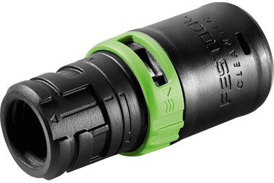 Close-up of black and green Festool dust extractor hose connector for woodworking and dust collection tools