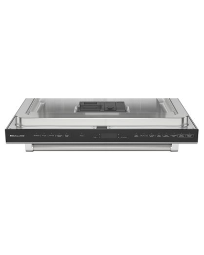 Dishwasher control panel with digital display and buttons for cycle settings in KitchenAid appliances collection