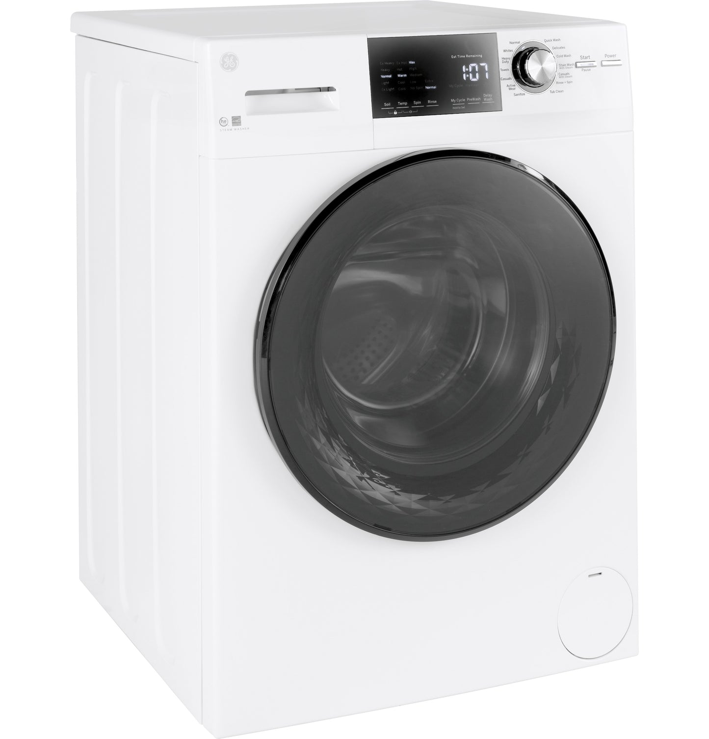 White front load washer with large round door and digital control panel in modern appliances collection