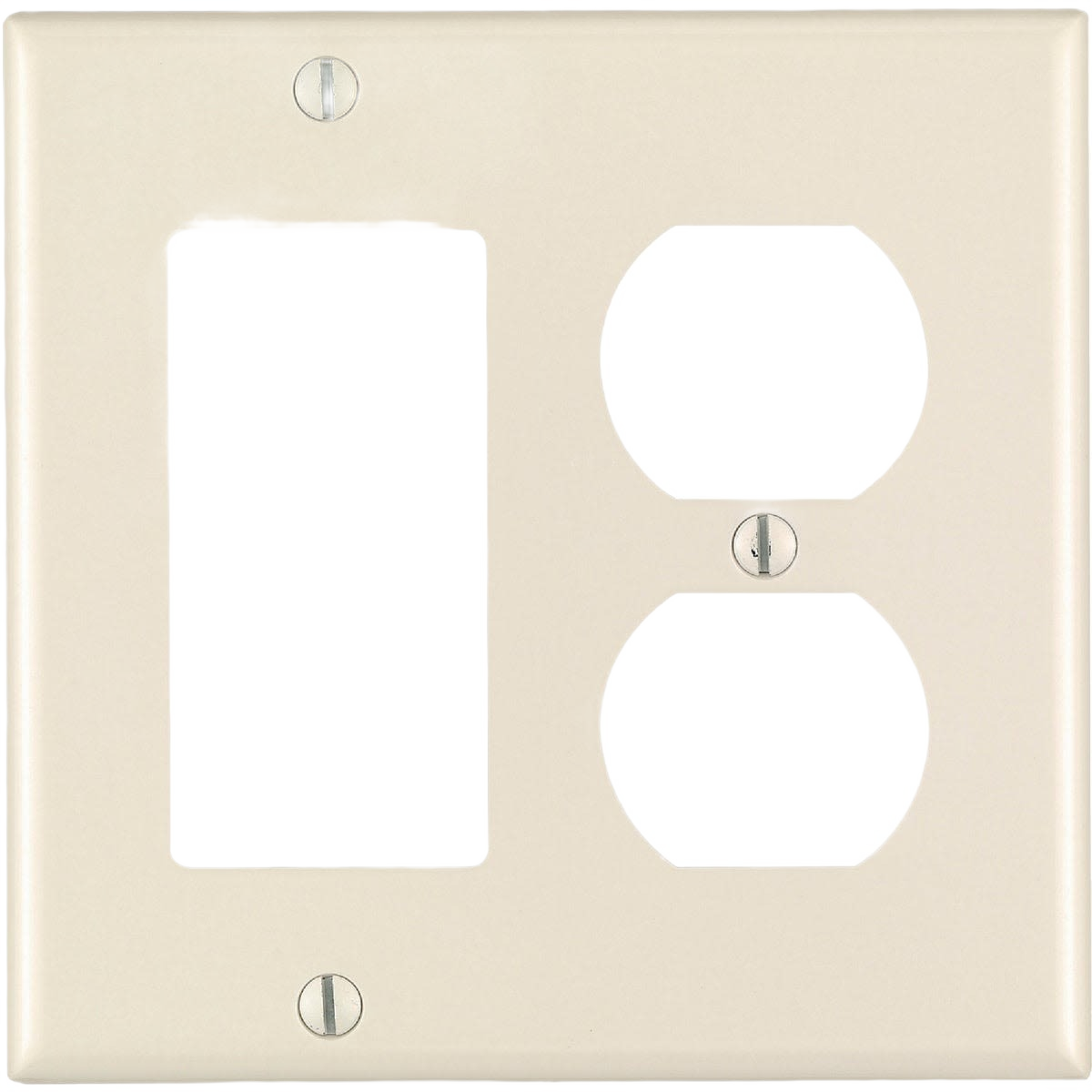 Almond-colored 2-gang wall plate with rocker switch and duplex outlet openings for home improvement projects