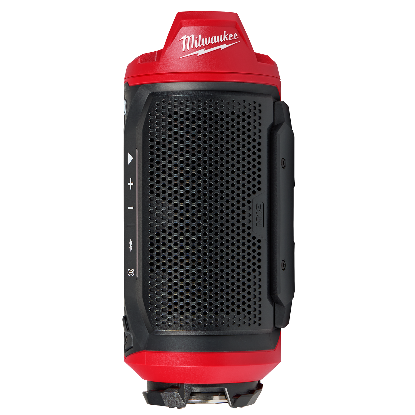 Compact red and black Milwaukee Bluetooth jobsite speaker with volume controls and PACKOUT compatibility for tools and home use