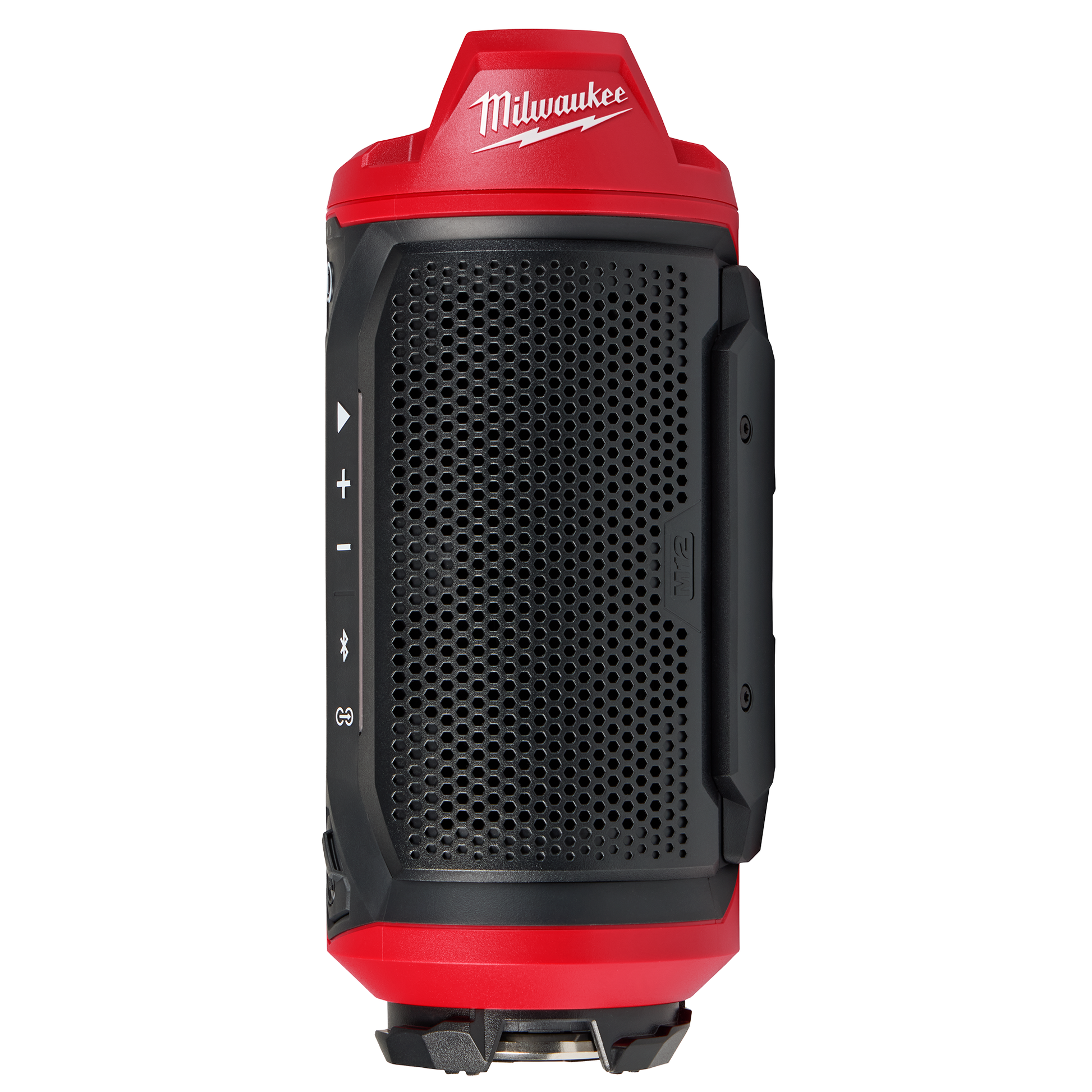 Compact red and black Milwaukee Bluetooth jobsite speaker with volume controls and PACKOUT compatibility for tools and home use
