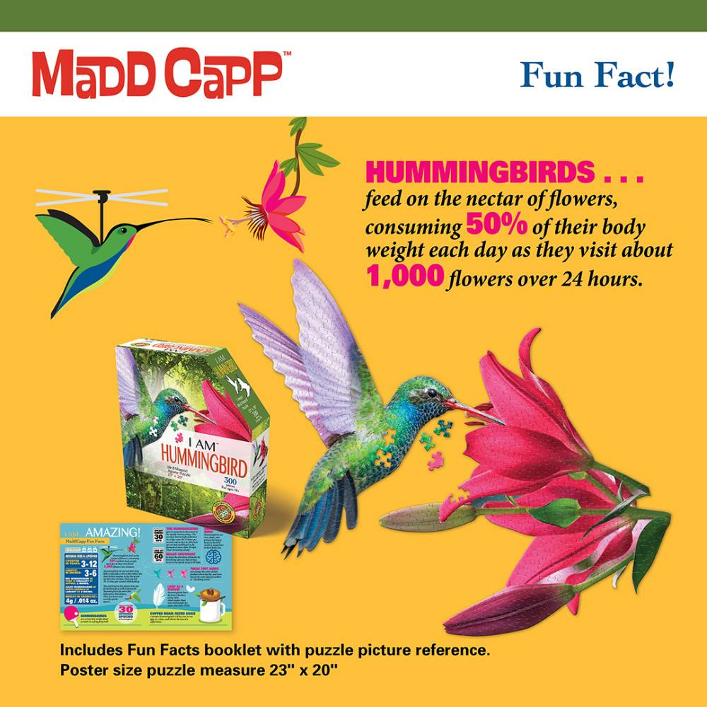 Colorful shaped hummingbird puzzle with a vibrant pink flower and fun fact booklet in Toys & Games and Puzzles collections