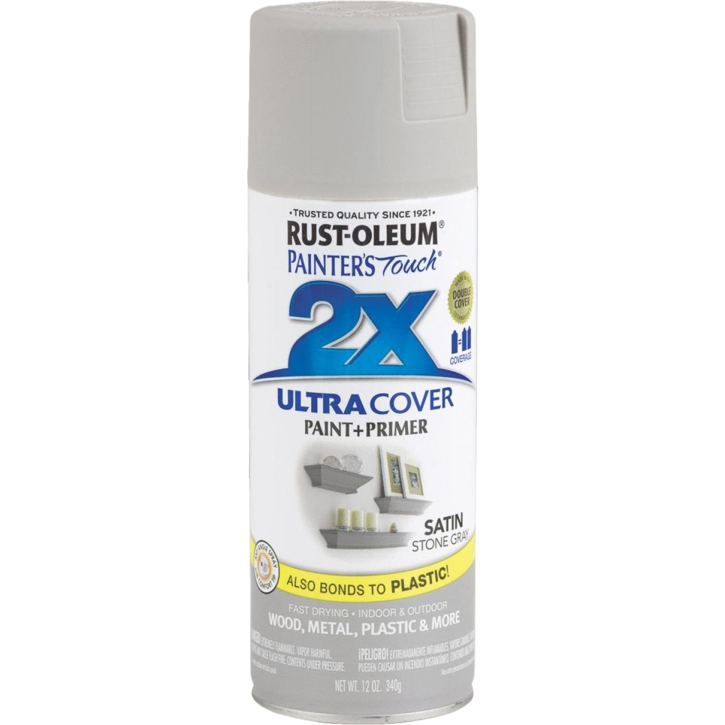 Stone gray satin spray paint and primer in an easy-to-use can for versatile home improvement and paint supplies.