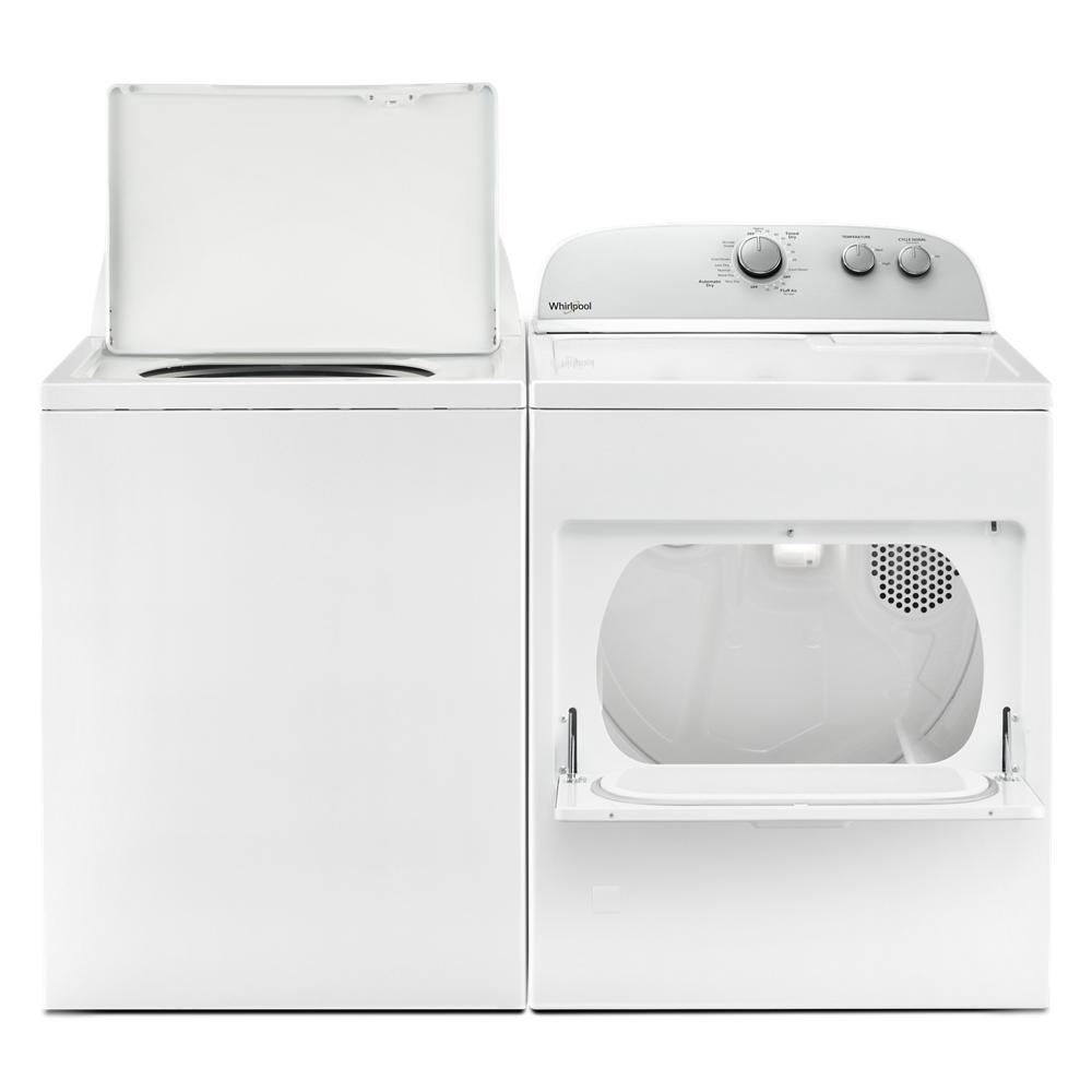 White top load gas dryer with open front door next to matching white top load washer in laundry appliances set
