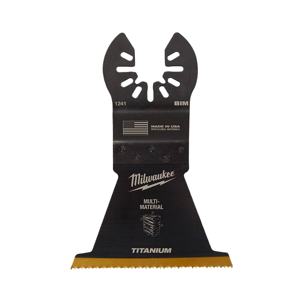 Black bi-metal multi-material oscillating tool blade with titanium coating for cutting tasks in home improvement projects