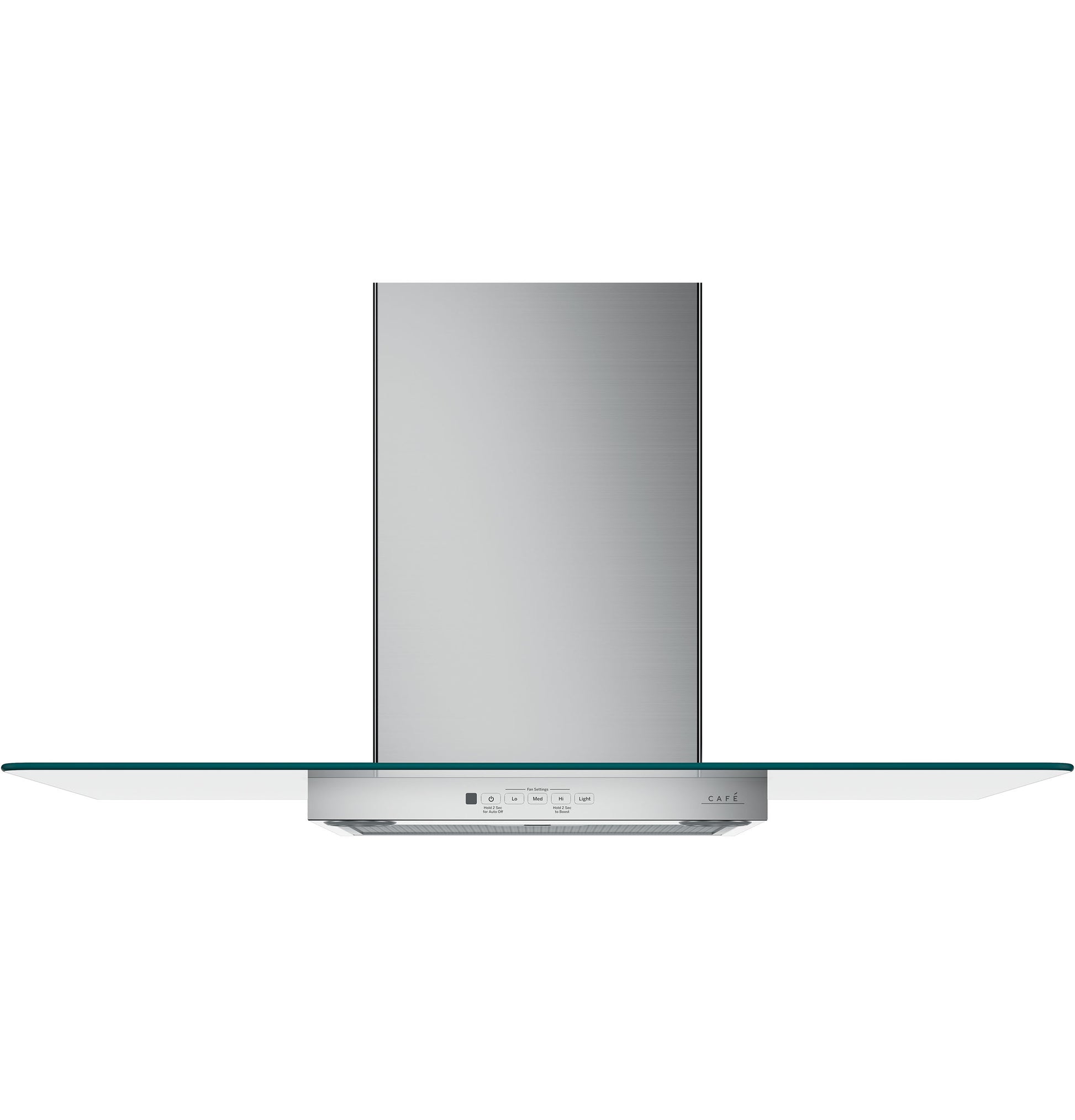 Stainless steel wall-mounted chimney hood with glass canopy and digital control panel in kitchen appliances collection