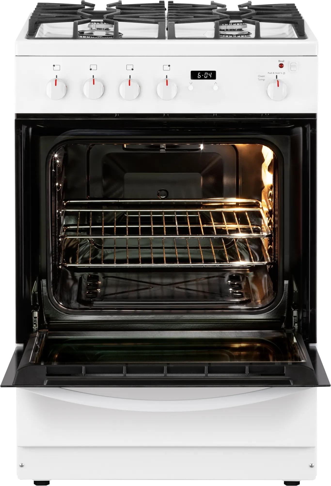 24-inch white gas range with front control knobs, digital display, open oven door, and interior racks in kitchen appliances collection