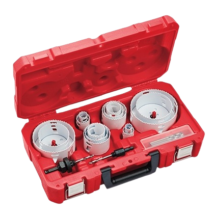 Red plastic case with a 19-piece hole saw kit including various saw sizes and drill bits for woodworking tools collection