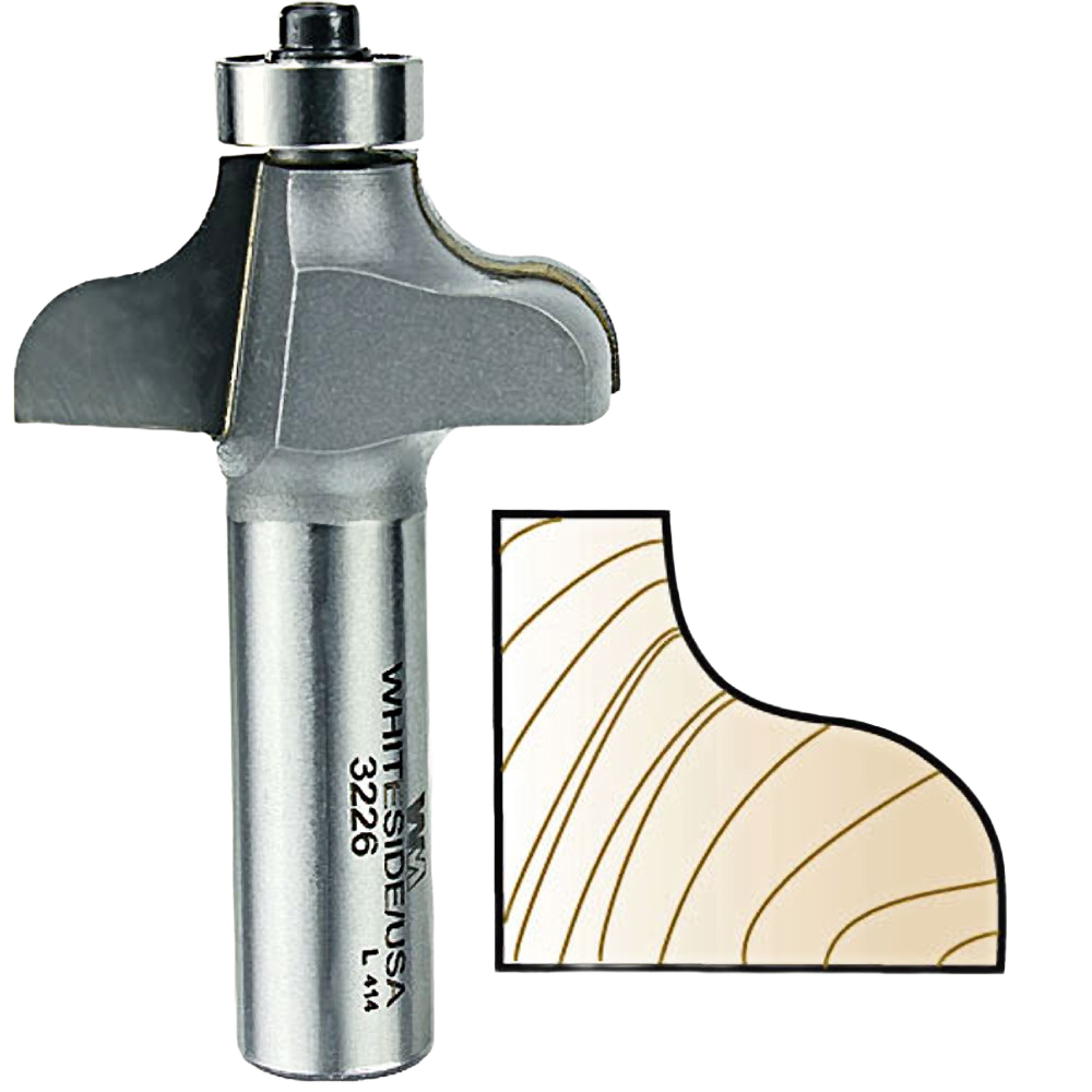 Carbide-tipped Whiteside ogee router bit displayed with a wood edge profile for tool accessories and home improvement