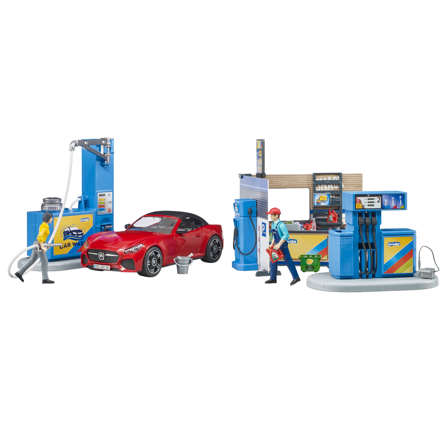 Interactive Bruder play set featuring a red sports car, car wash station, fuel pumps, and realistic toy figures in vehicles collection