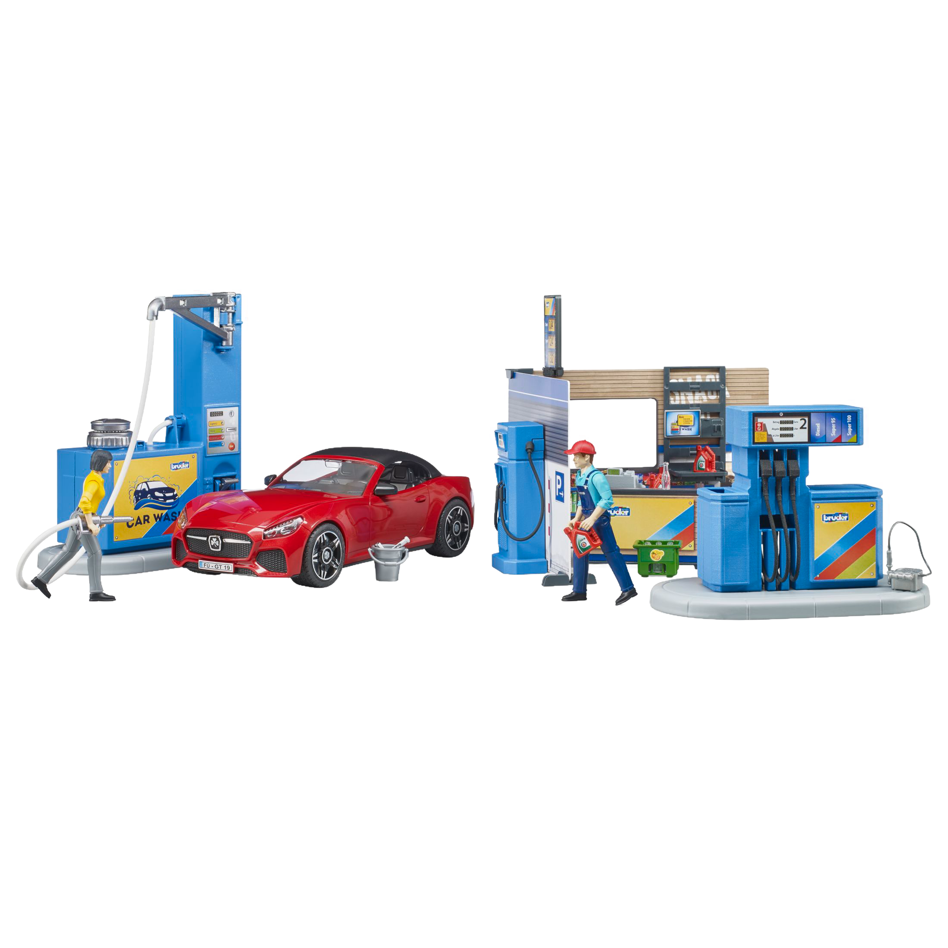 Interactive Bruder play set featuring a red sports car, car wash station, fuel pumps, and realistic toy figures in vehicles collection
