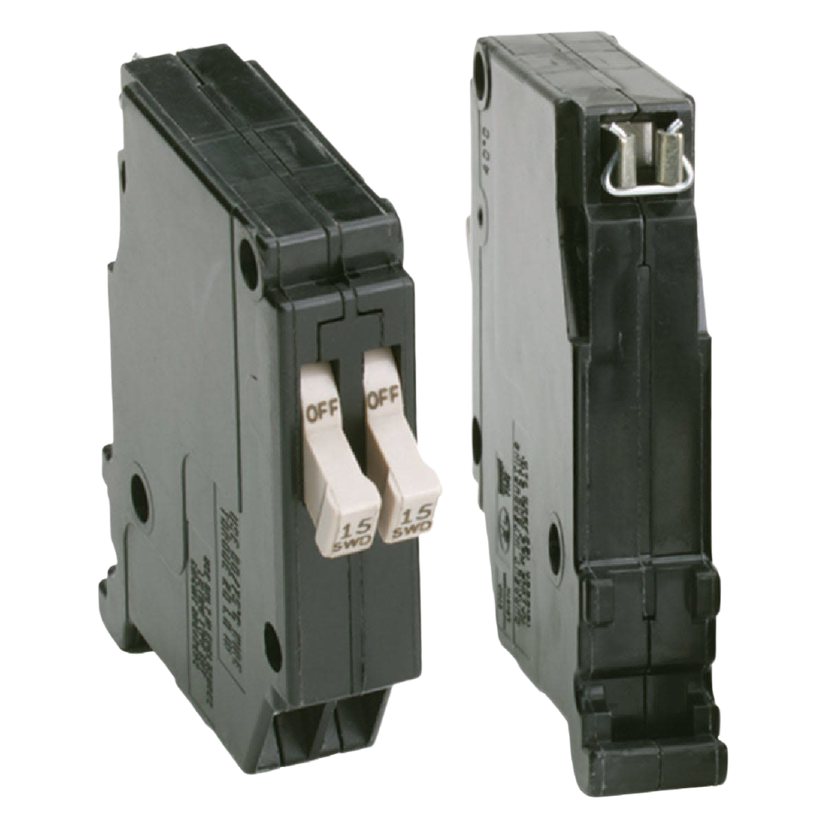Black twin circuit breaker with white toggles for residential electrical panels, part of breakers and home improvement tools collections