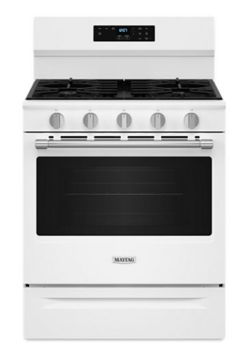 White gas range with five control knobs, digital display, and large oven window for home kitchen use