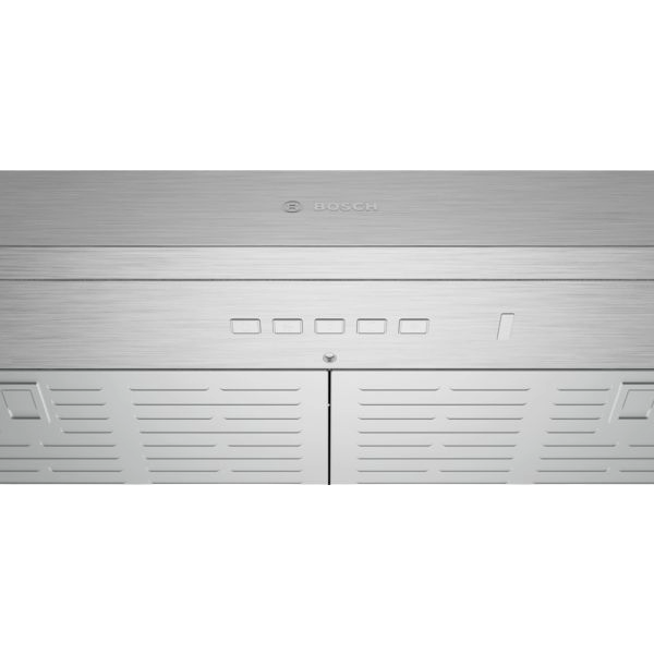 Close-up of stainless steel undercabinet range hood control panel with ventilation filters from Bosch appliances collection