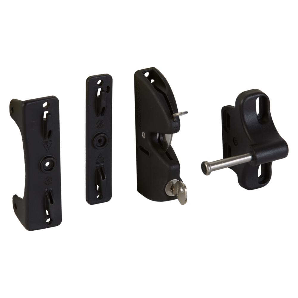 Set of black lockable gate latch components with metal parts for hardware and door accessories collections