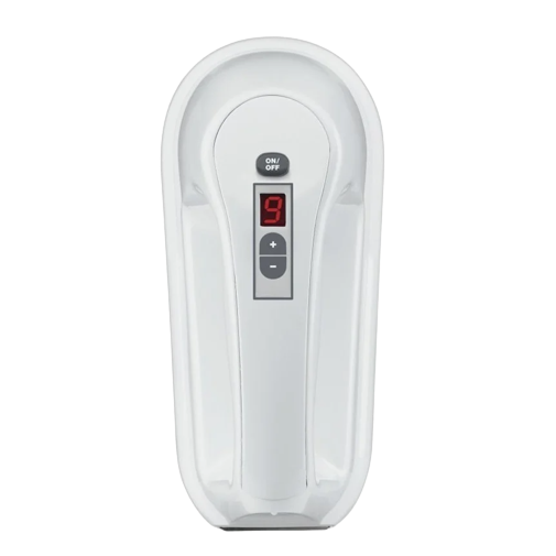 White hand mixer with digital speed control and on/off button, stored in a matching plastic case for kitchen use