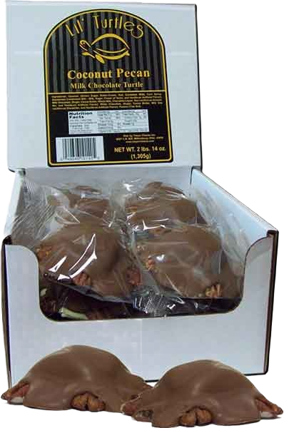 Box of individually wrapped milk chocolate turtles with coconut and pecan pieces in candy and food collection