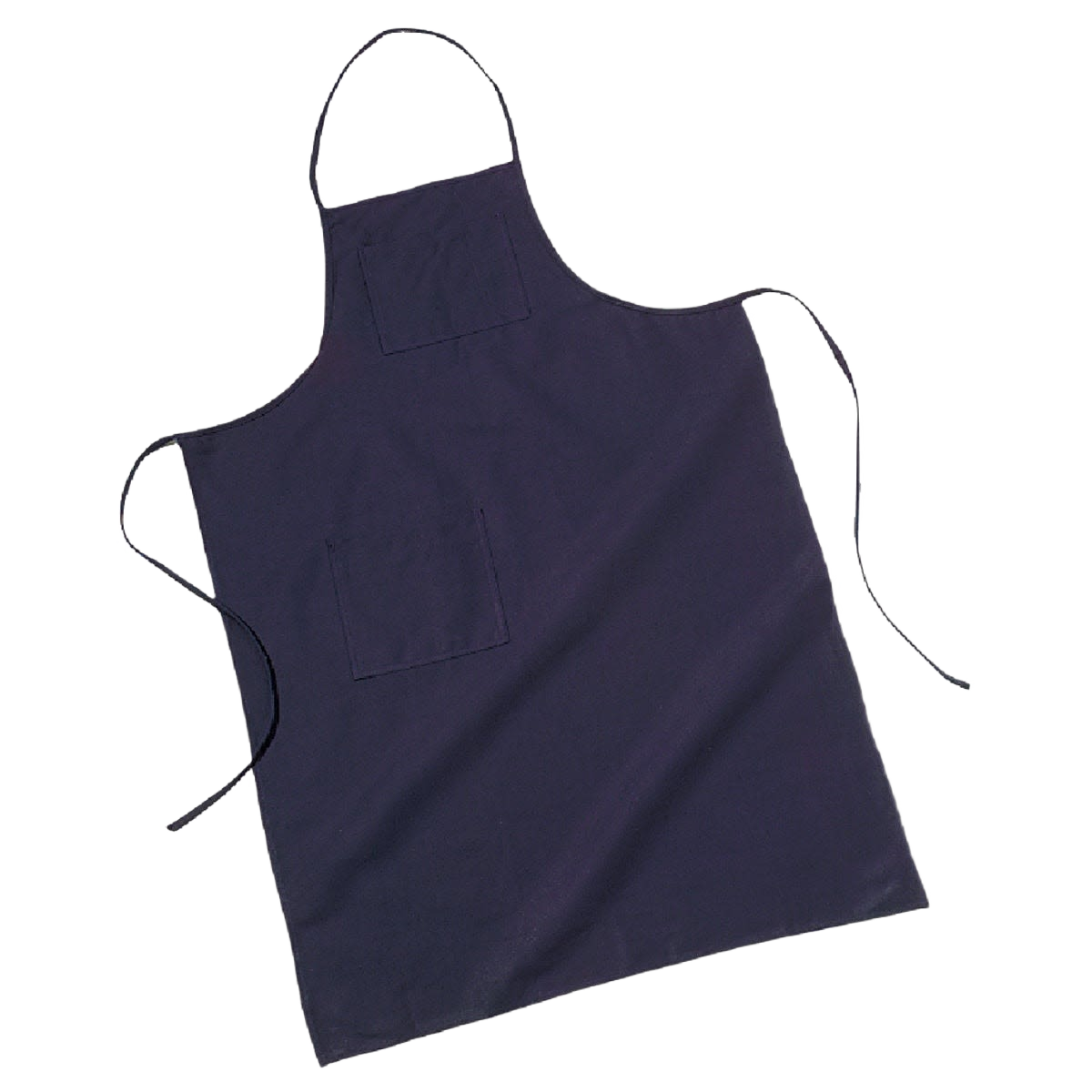 Blue canvas work apron with neck and waist ties, featuring two front pockets for workshop organization and tool storage.