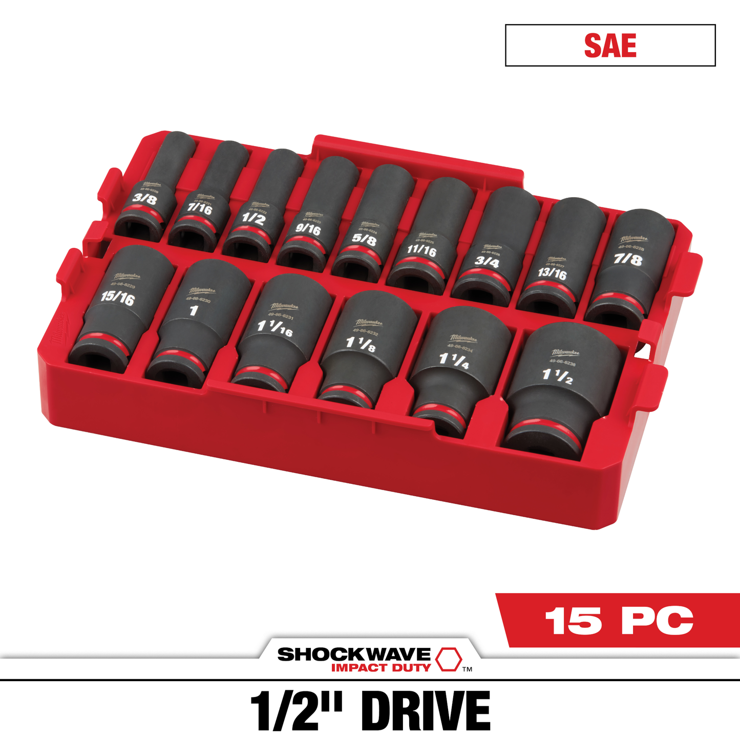 Milwaukee 15PC SHOCKWAVE™ Impact Duty Socket 1/2” Drive SAE TRAY Set