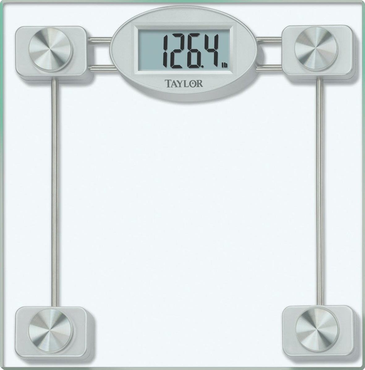 Digital bathroom scale with clear glass platform and large LCD display showing weight in pounds for home use
