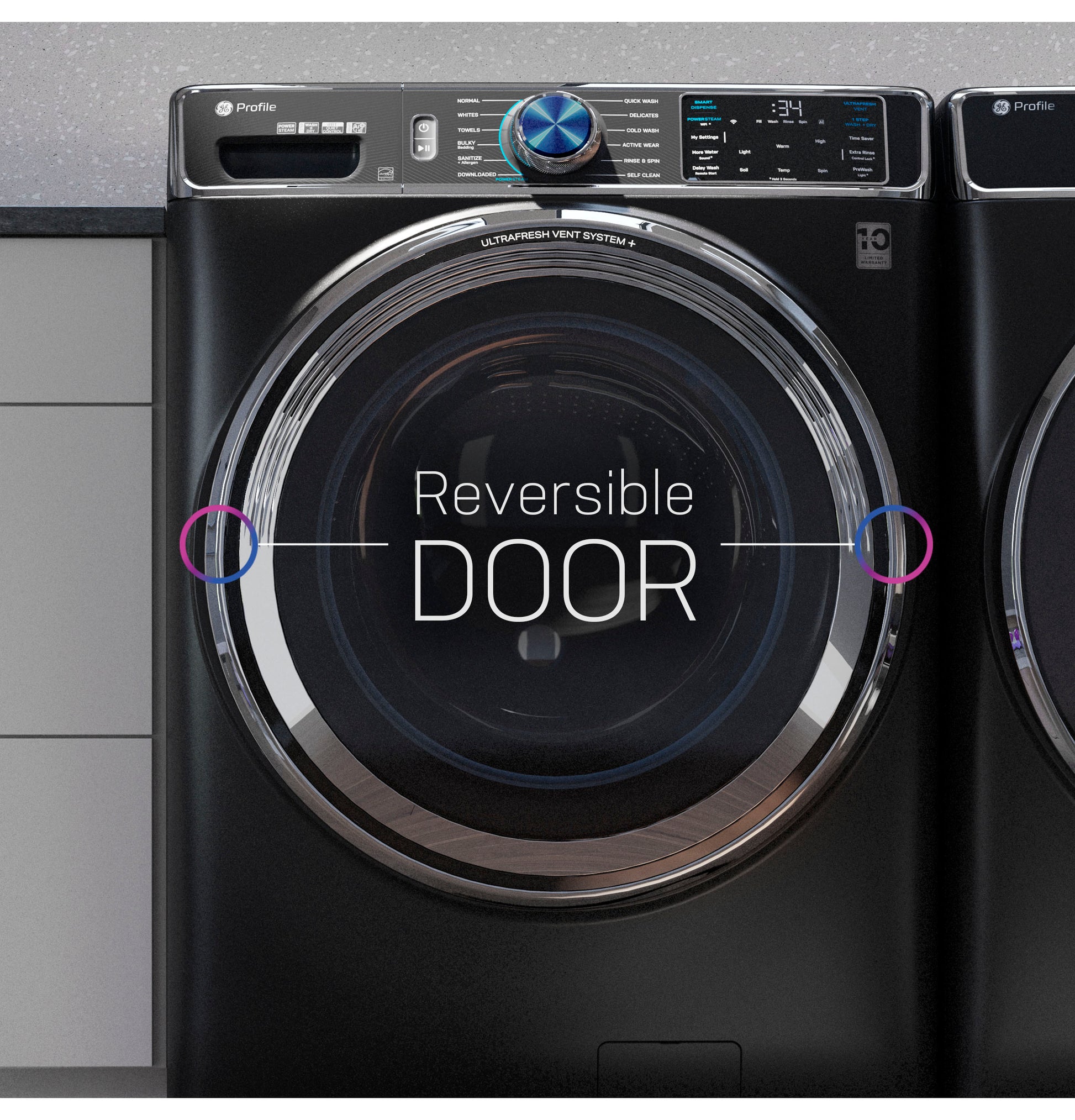 Black smart front load electric dryer with digital controls and reversible door in modern laundry appliance collection